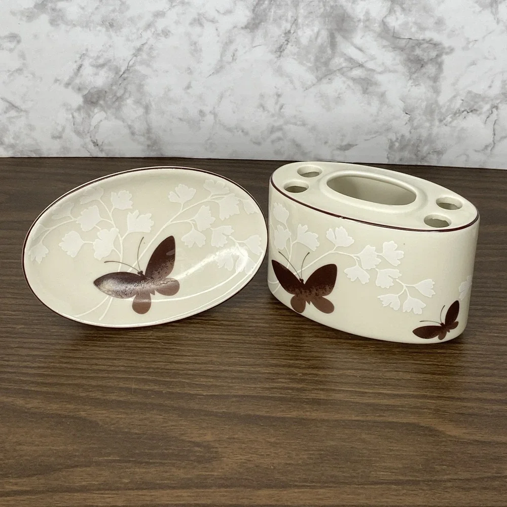 VTG Brown Butterfly Soap Dish & Toothbrush Holder Set •Japan• MCM• Ames Style